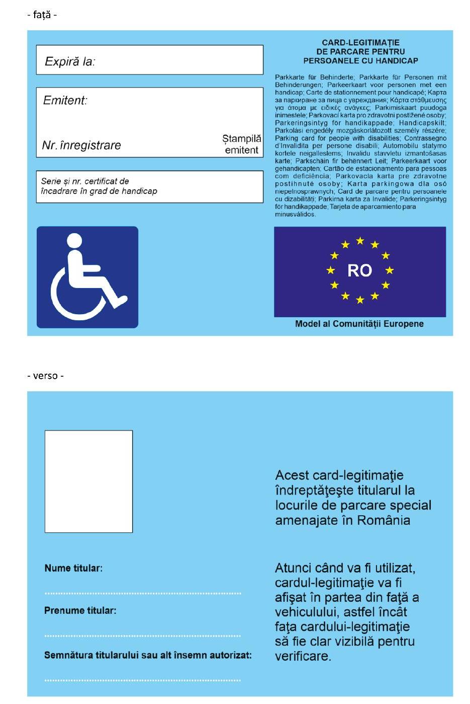 Noul format unic al cardului-legitimație de parcare pentru persoanele cu handicap